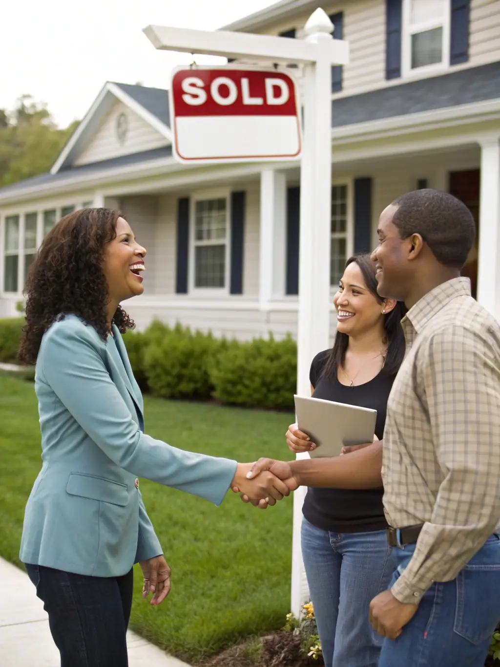 A friendly real estate agent shaking hands with a homeowner in front of a house, symbolizing the initial consultation.