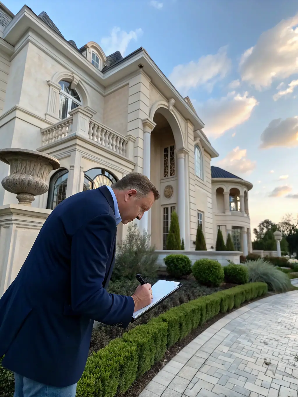 An appraiser inspecting a house, representing the property evaluation stage.