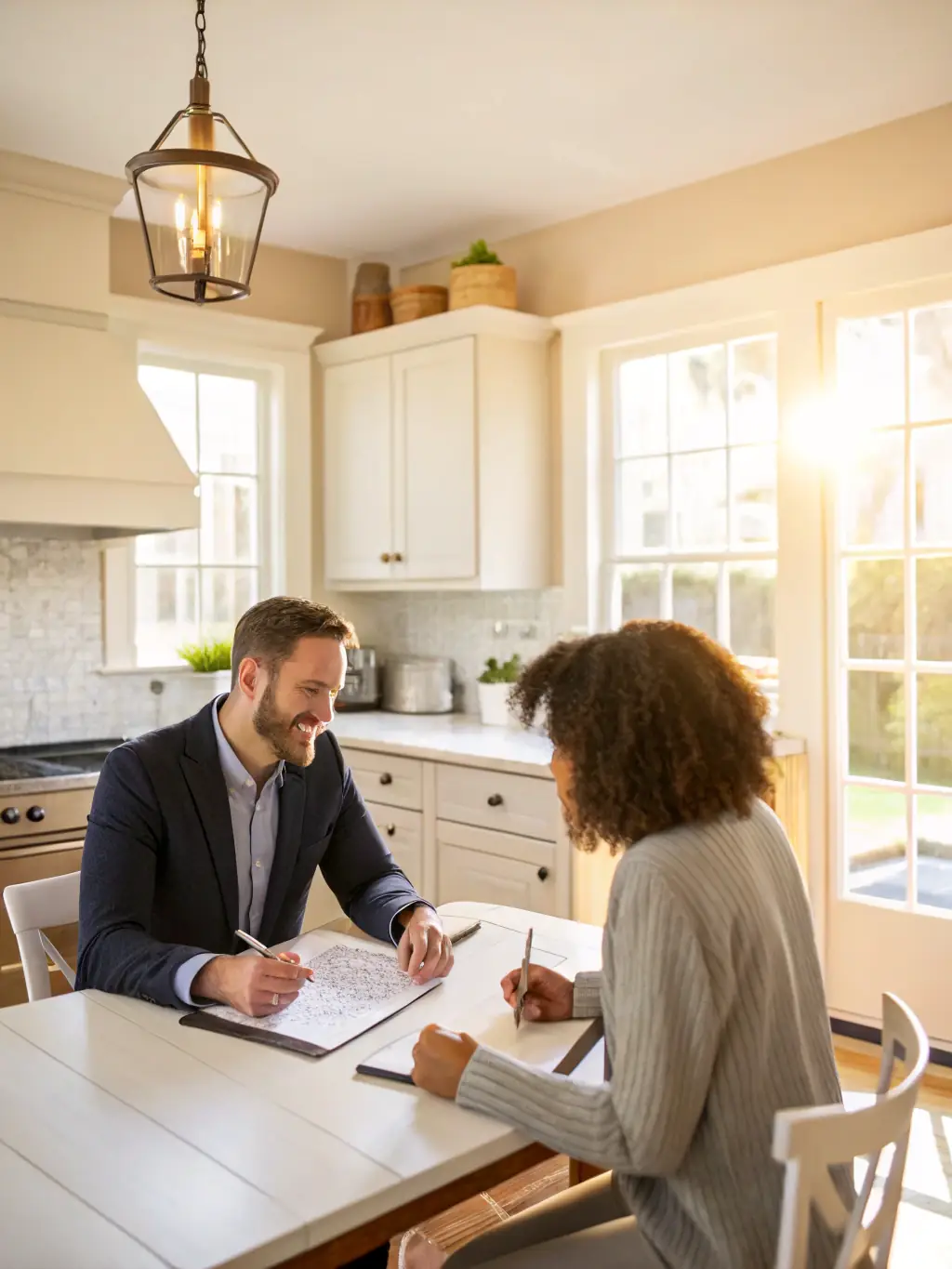 A photo of a Stand Up Properties LLC team member explaining the quick sale process to a homeowner at their kitchen table.